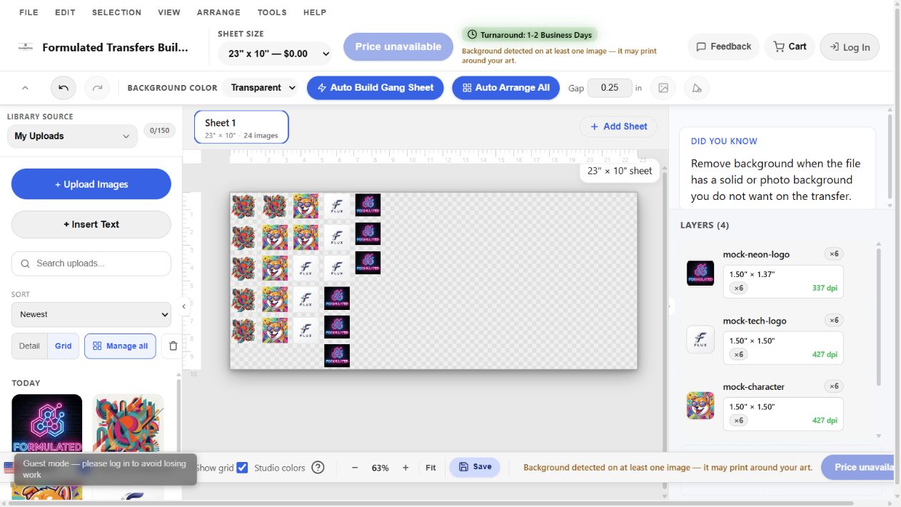 The actual Formulated Transfers Builder interface in light mode, showing a gang sheet made with the existing artwork library