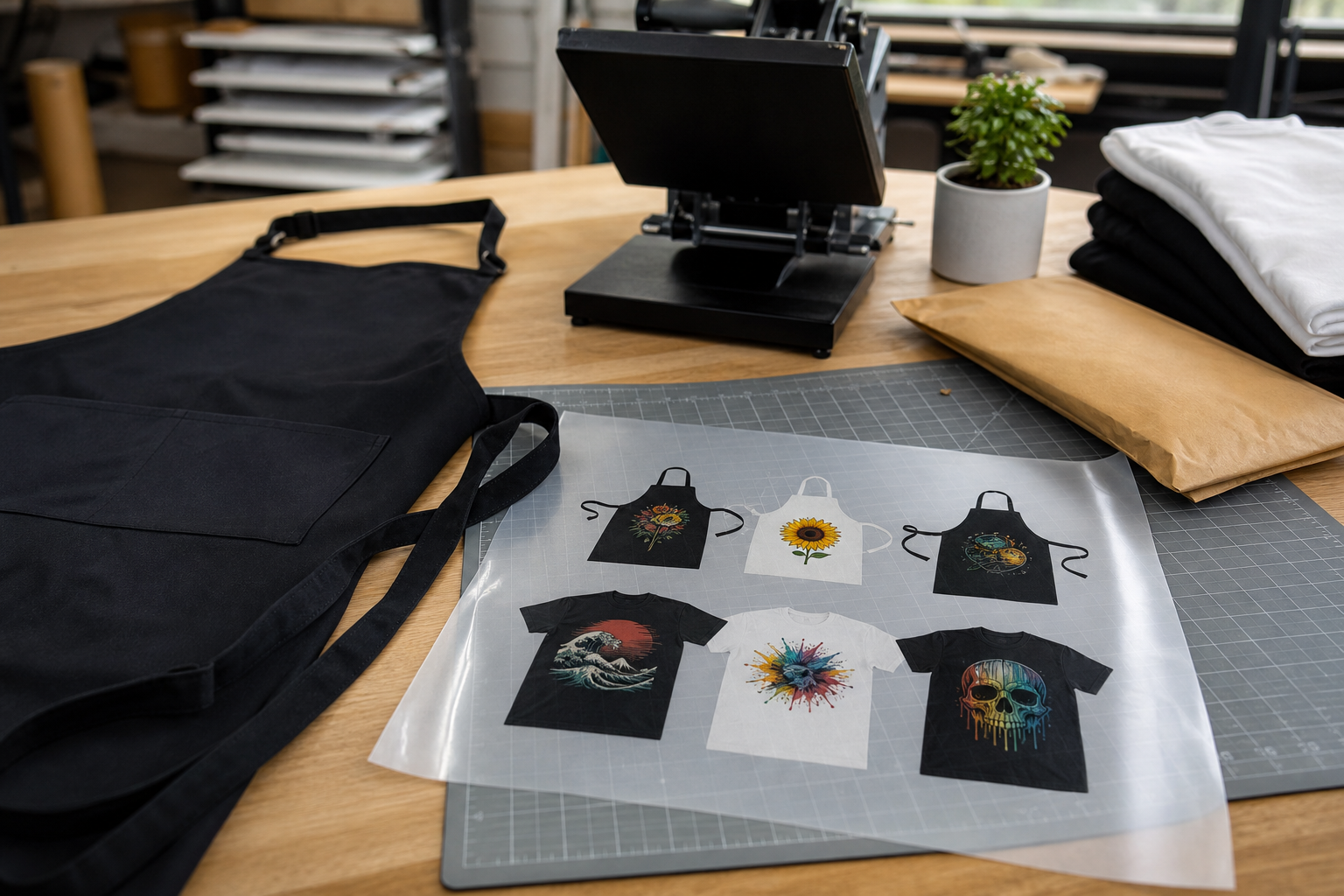 DTF transfer film and black apron on a print shop table, ready for food booth market branding.