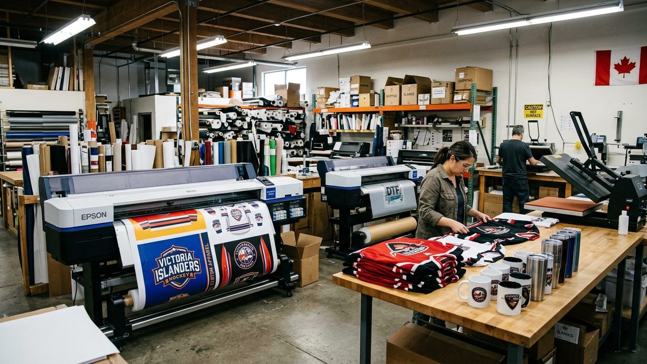 Canadian print shop running wide-format dye-sublimation jersey transfers and DTF gang sheets connected to Shopify.
