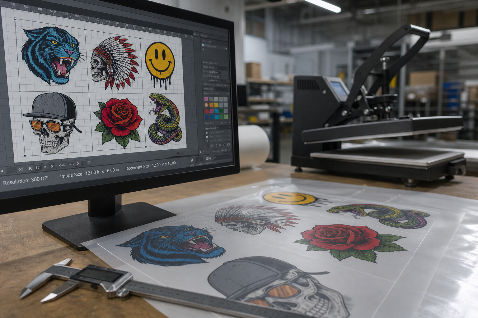 DTF print shop monitor showing gang sheet layout beside printed transfer film and production tools.