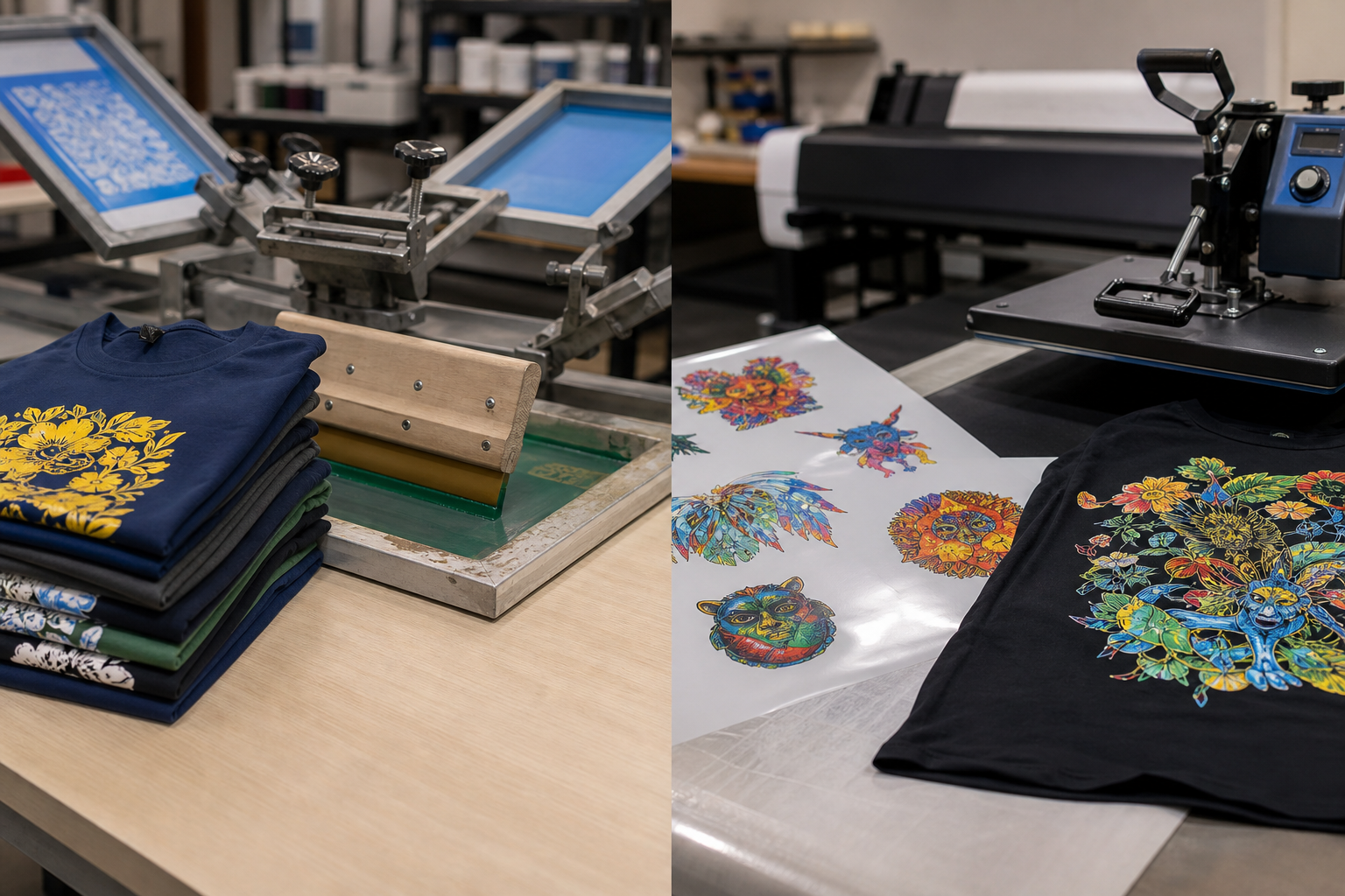 Small batch print shop comparison with screen printing tools beside DTF gang sheet film and a finished shirt.