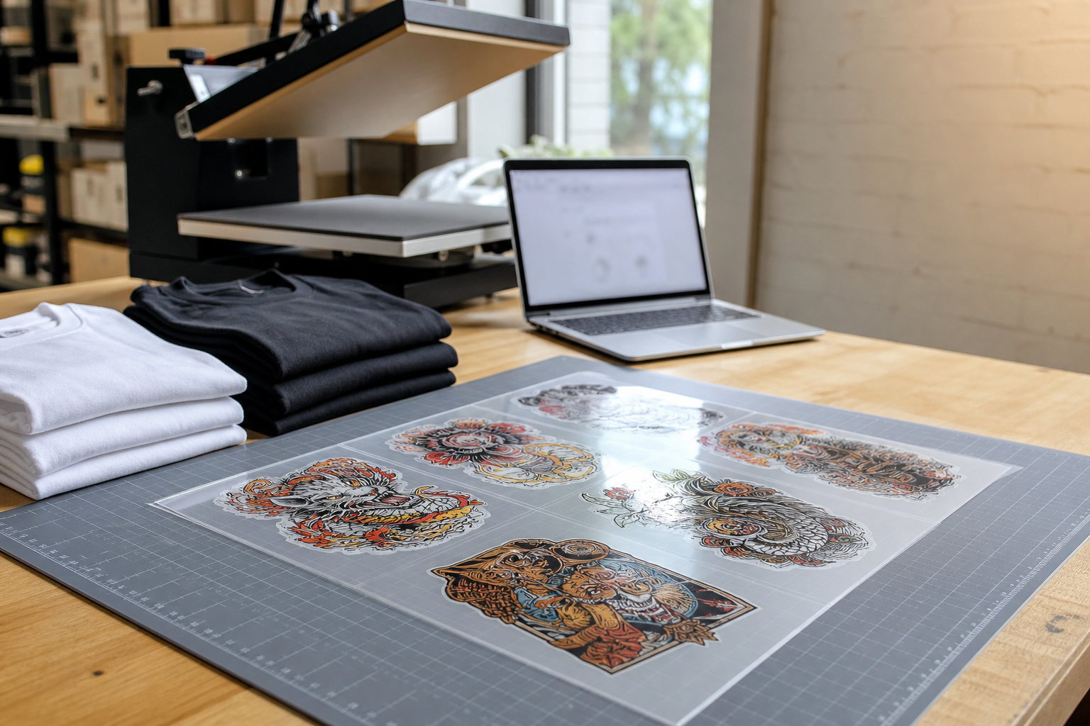 DTF print shop workbench with a gang sheet, blank apparel, laptop, and heat press, representing Formulated Apps print shop software workflow.