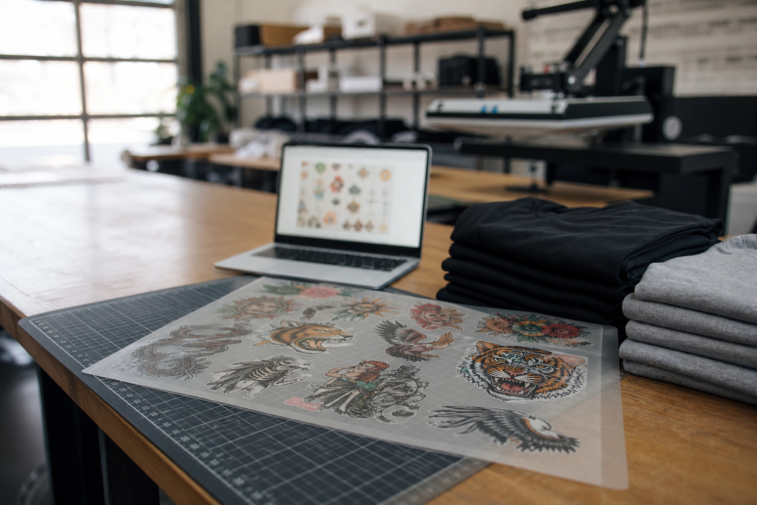 DTF gang sheet on a cutting mat beside a laptop and blank tees in a Shopify print shop, ready for auto nesting and heat press.