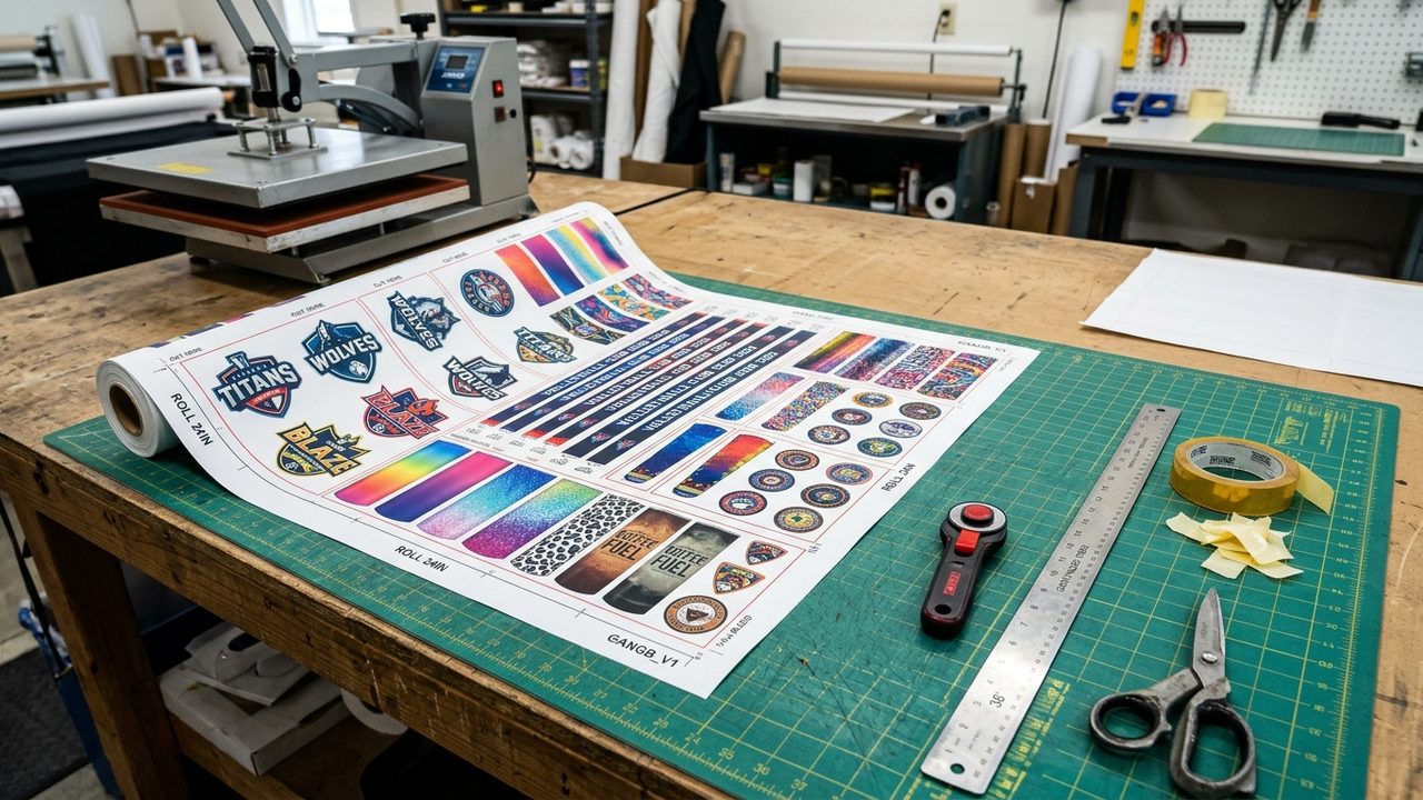 Wide-format 24-inch dye-sublimation transfer paper roll with nested jersey graphics, tumbler wraps, and badges on a print shop cutting table.